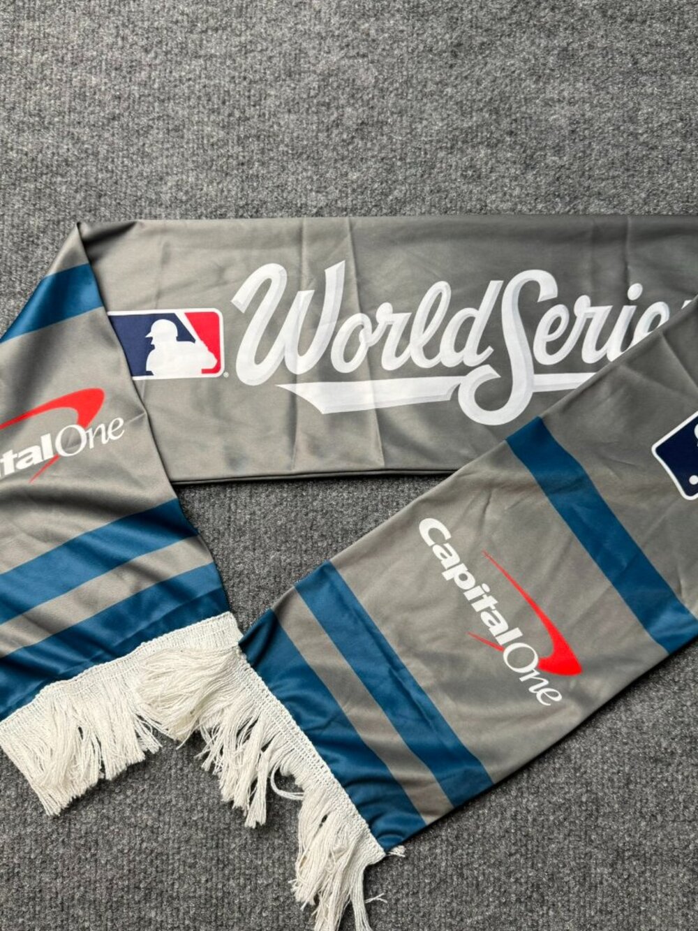 Official MLB 2025 World Series Capital One Fringed Scarf Gray Blue Hologram